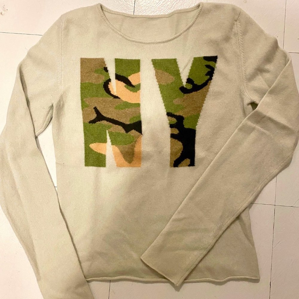 Lucien Pellat Finet Cashmere Sweater Size M Camo Intarsia "NY" embroidery